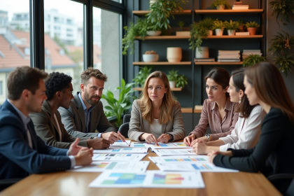 Groupe de professionnels en réunion dans un bureau moderne