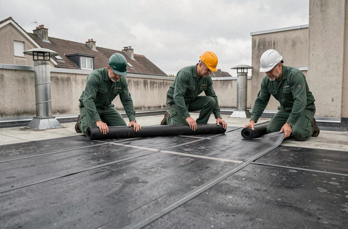 Équipe des Établissements Roncajoli posant une membrane d'étanchéité sur un toit plat en Hauts-de-Seine