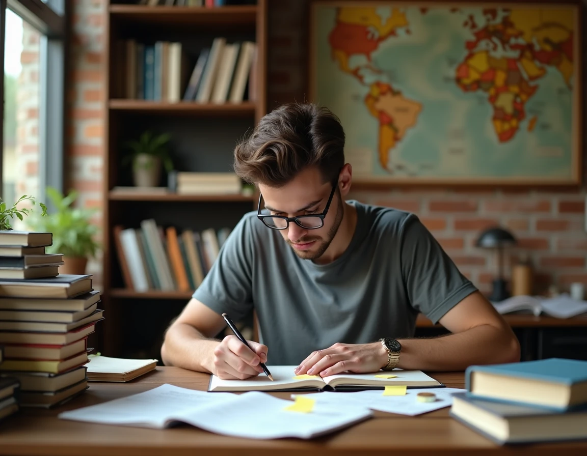 Jeune homme étudiant la linguistique créole à son bureau entouré de livres et de notes, illustrant l'apprentissage académique des nuances du créole