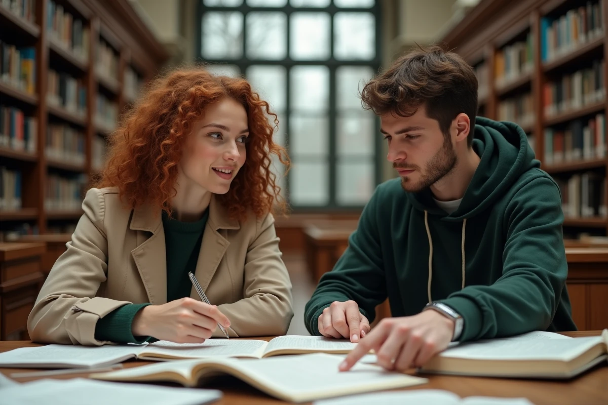 Deux étudiants analysant ensemble la différence entre écouter et entendre dans des manuels de grammaire française à la bibliothèque