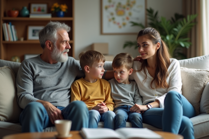 Famille réunie dans un salon moderne et chaleureux