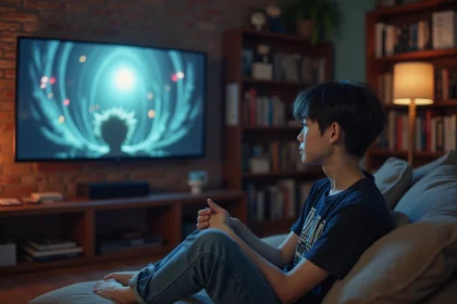 Fan d'anime regardant une série animée de science-fiction sur un grand écran télévision dans un appartement cosy rempli de mangas