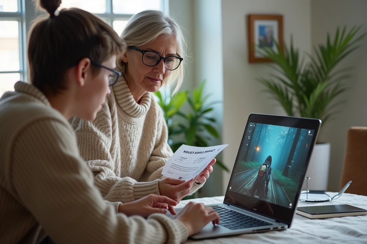 Femme aidant un adolescent avec un guide de dépannage