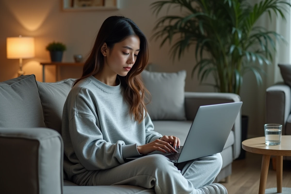 Jeune femme analysant les critères d'un jeu de stratégie gratuit sur un ordinateur portable dans un salon