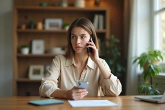 Femme vérifiant un appel entrant avec l'indicatif pays 212 sur son smartphone au bureau