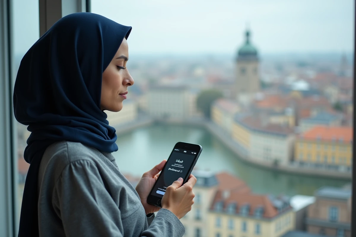 Femme consultant les horaires de prière sur smartphone avec vue sur Bordeaux