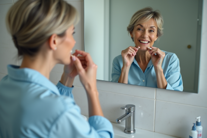 Femme d'âge moyen se brossant les dents dans la salle de bain