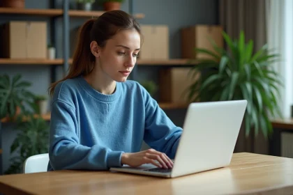 Femme en pull bleu travaillant sur son ordinateur dans un intérieur moderne