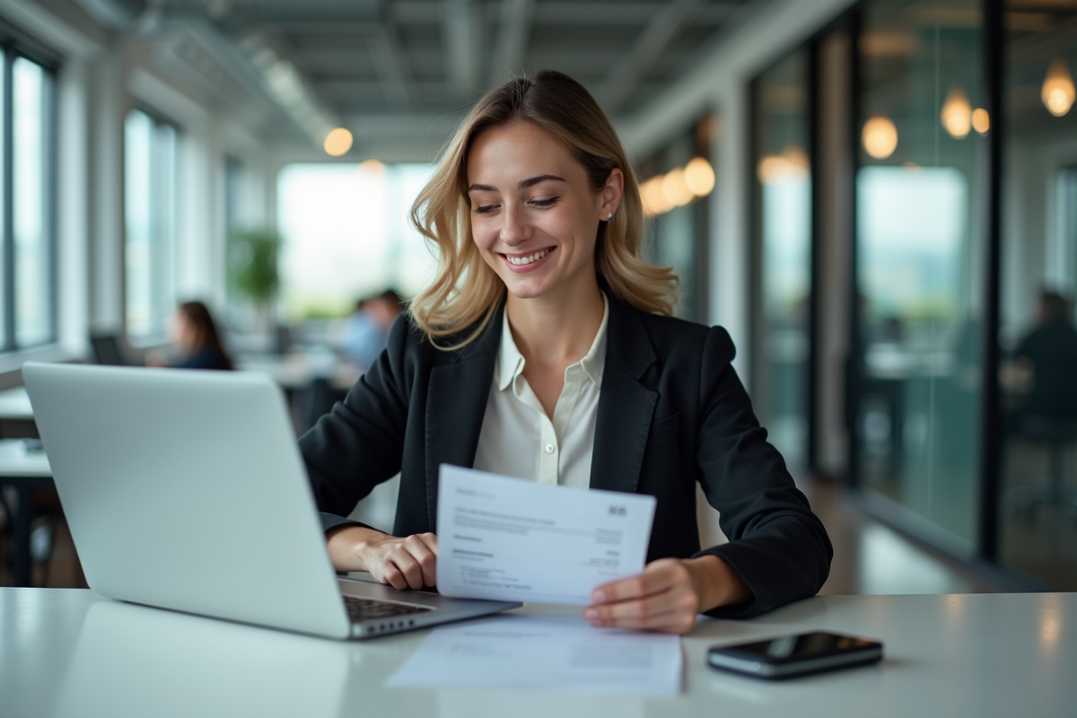 Femme en bureau lisant un relevé bancaire