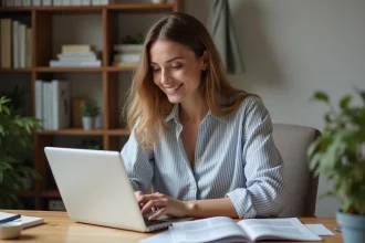 Femme concentrée travaillant sur son ordinateur dans un bureau moderne