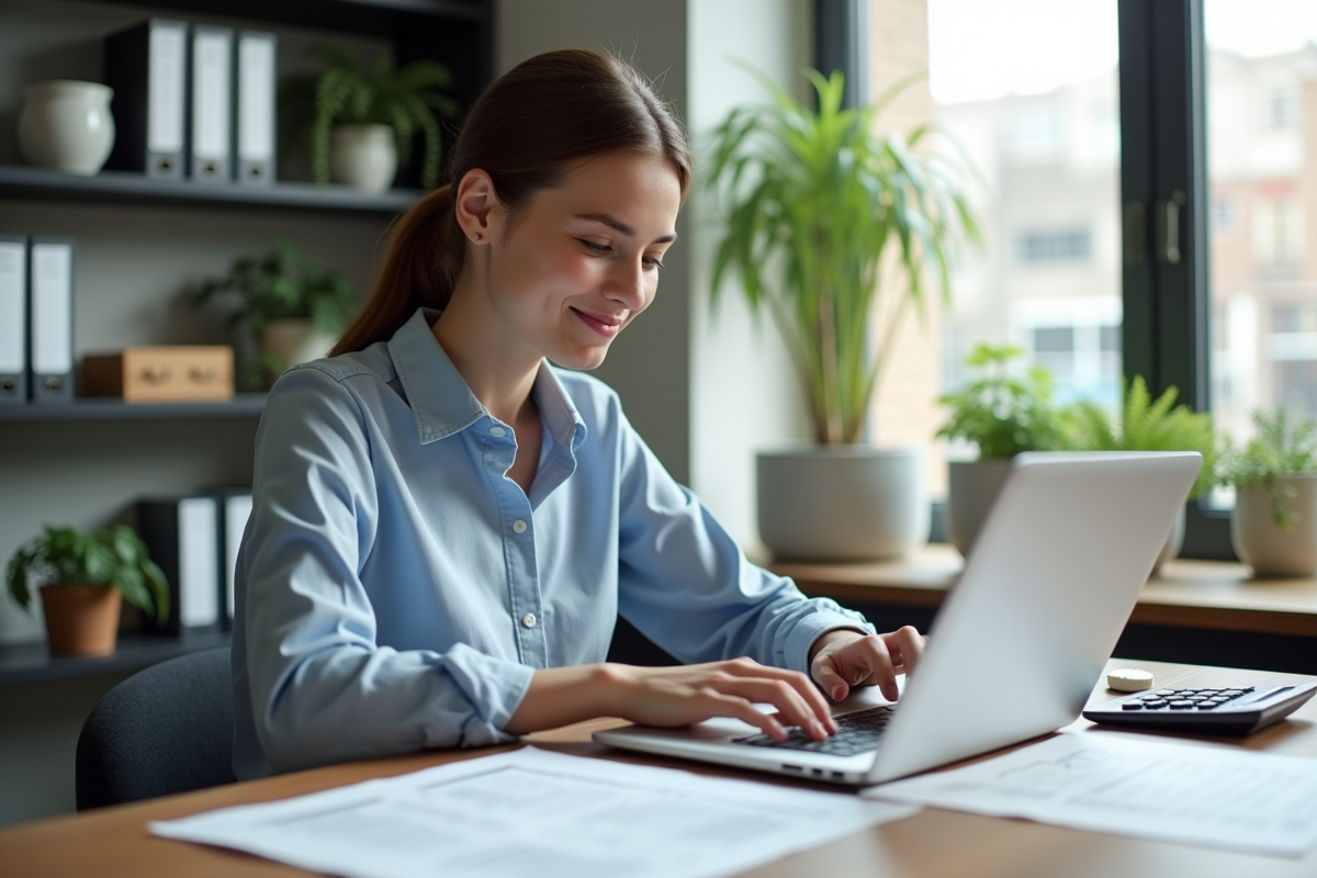 Jeune femme en tenue professionnelle travaille sur son ordinateur dans un bureau lumineux