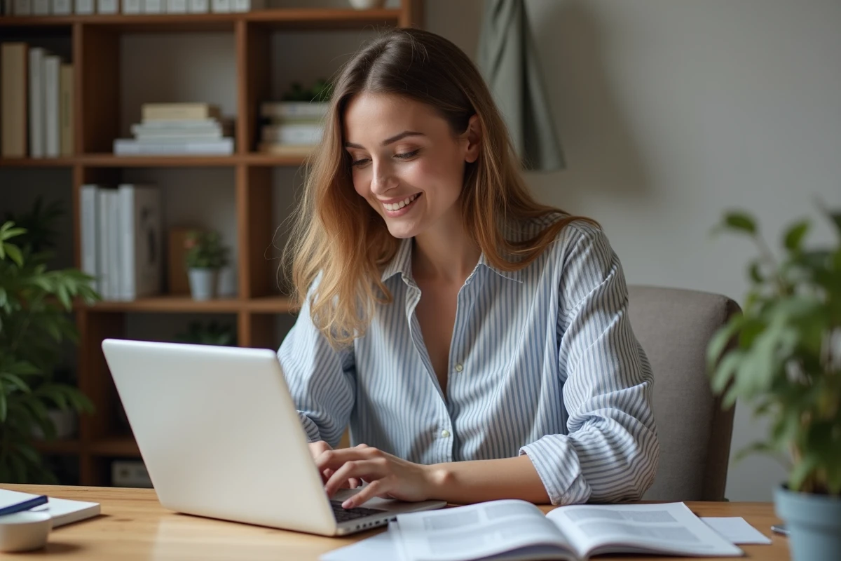 Femme concentrée travaillant sur son ordinateur dans un bureau moderne