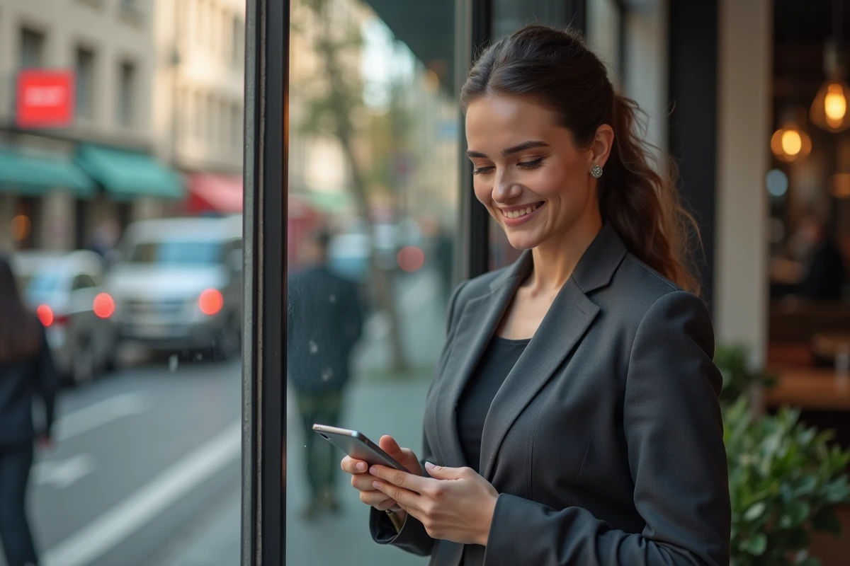 Femme confiante regardant son téléphone en ville