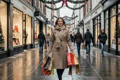Femme portant des cadeaux emballés dans une rue commerçante animée le dimanche 22 décembre, boutiques ouvertes en arrière-plan