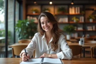 Femme souriante écrivant dans un café moderne et accueillant