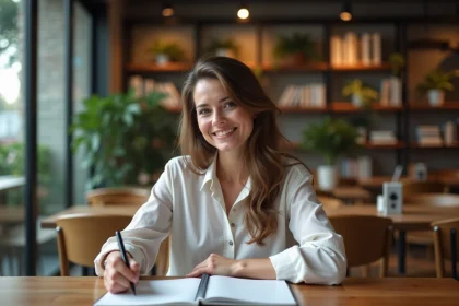 Femme souriante écrivant dans un café moderne et accueillant