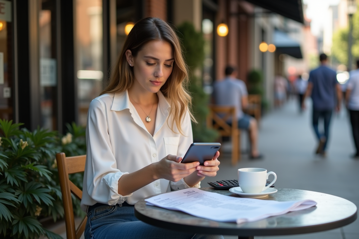 Femme utilisant son smartphone au cafe en ville