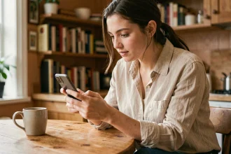 Jeune femme parcourant les annonces d'un site de bonnes affaires sur son smartphone depuis son appartement