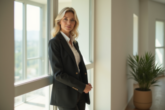 Femme confiante en costume moderne dans un appartement lumineux