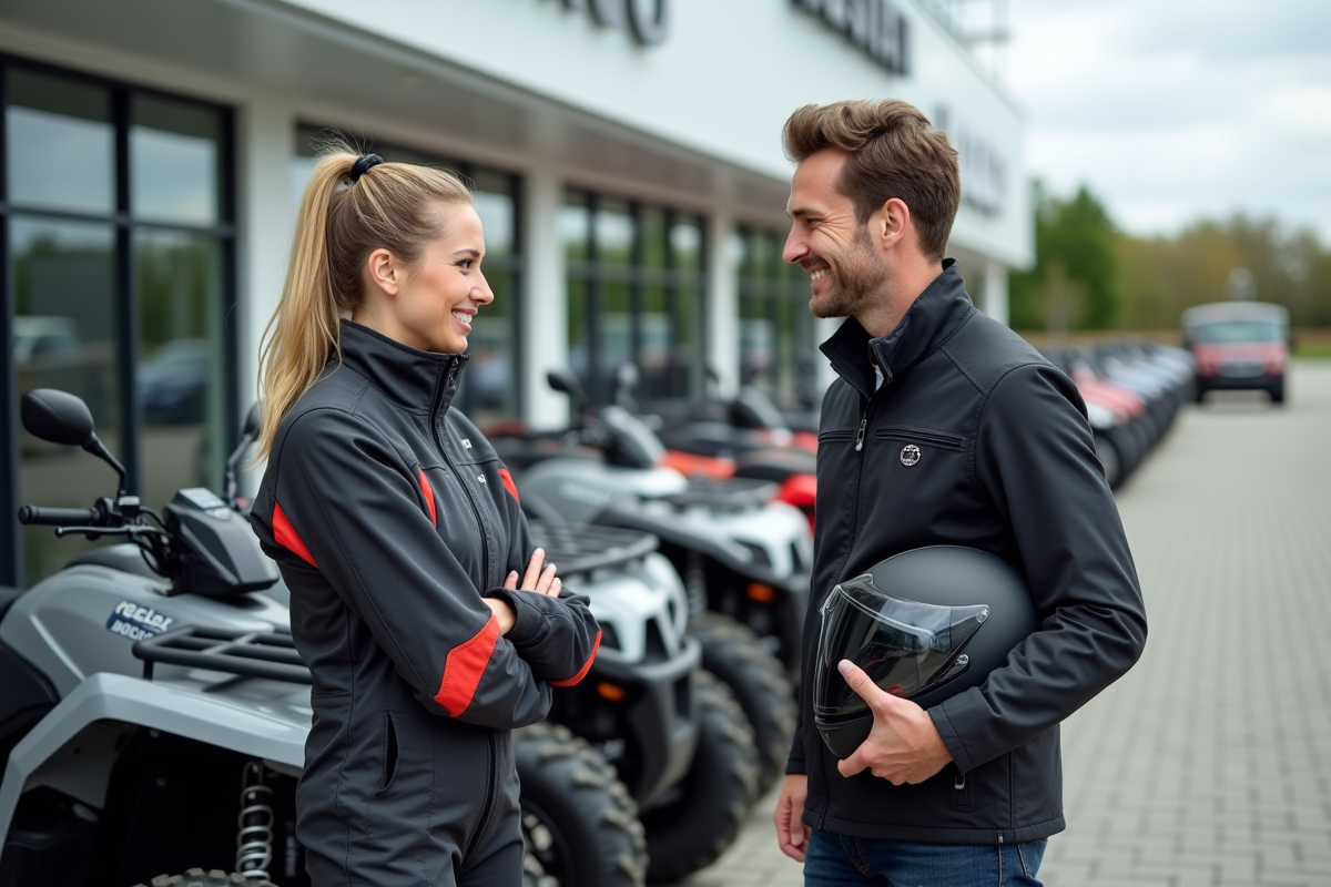 Femme discutant avec un vendeur de quads en concession