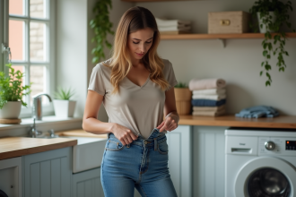 Femme examinant ses jeans en laverie moderne