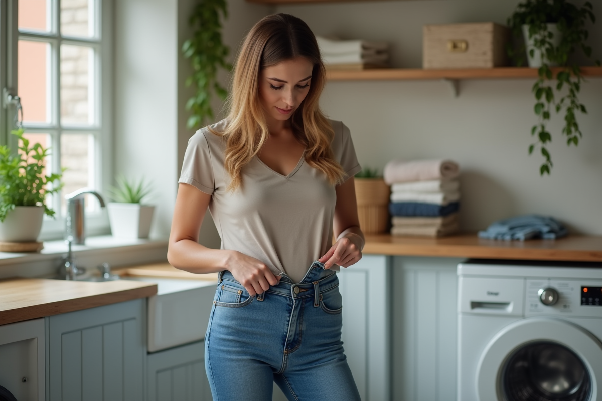 Femme examinant ses jeans en laverie moderne