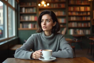 Femme attentive écoutant activement une conversation dans un café parisien, illustrant le concept d'écouter en français
