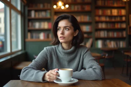 Femme attentive écoutant activement une conversation dans un café parisien, illustrant le concept d'écouter en français