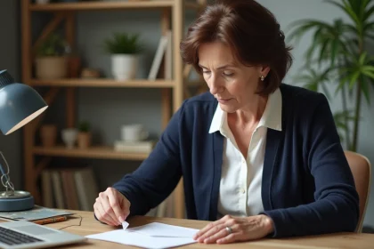 Femme en train d'affranchir une lettre dans un bureau moderne