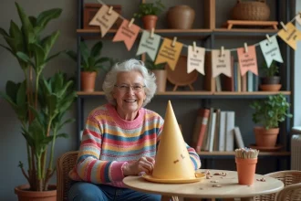 Femme souriante avec chapeau en papier lors d'une fête cosy