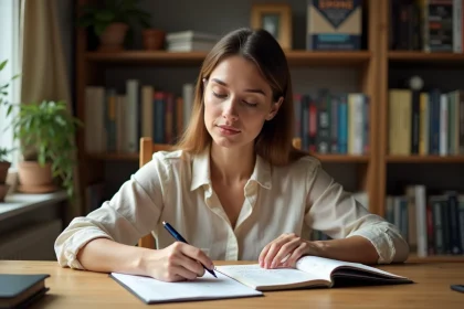 Femme écrivant des règles de grammaire française dans un cahier ouvert sur un bureau en bois, illustrant l'apprentissage de la conjugaison appelle ou appelles