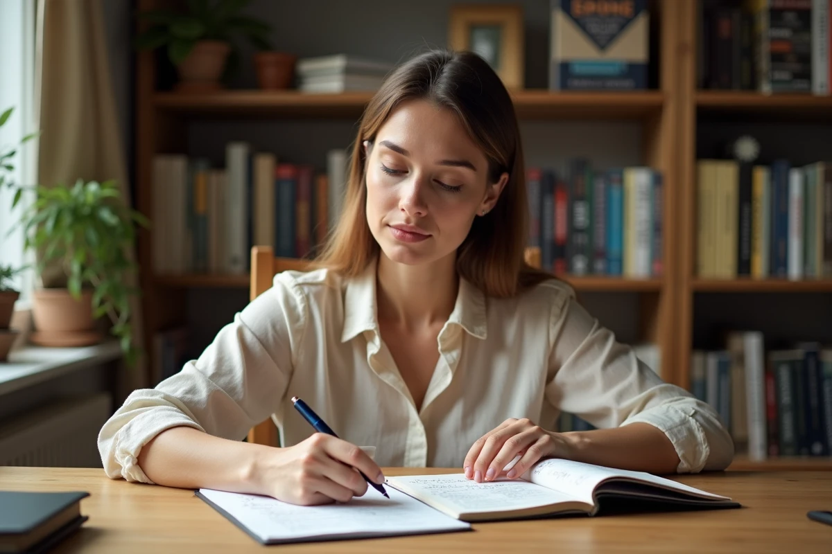 Femme écrivant des règles de grammaire française dans un cahier ouvert sur un bureau en bois, illustrant l'apprentissage de la conjugaison appelle ou appelles