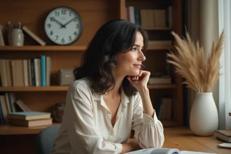 Femme contemplant une horloge murale affichant 15h55, assise dans un bureau cosy entouré de livres et de journaux intimes, symbolisant la signification karmique de l'heure miroir