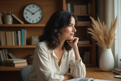 Femme contemplant une horloge murale affichant 15h55, assise dans un bureau cosy entouré de livres et de journaux intimes, symbolisant la signification karmique de l'heure miroir