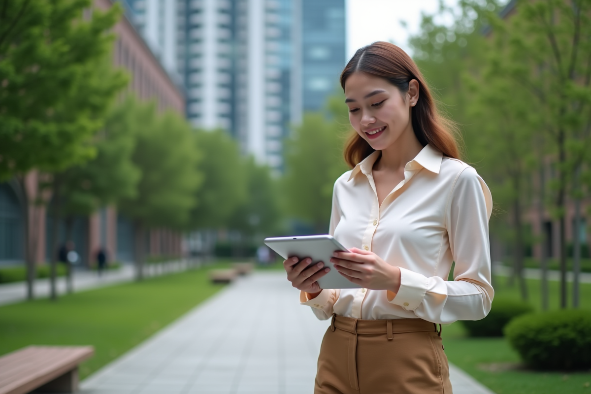 Jeune femme regardant un graphique boursier en plein air