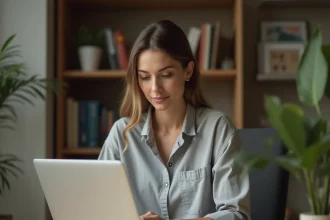 Femme lisant des avis en ligne sur un ordinateur portable dans un bureau à domicile chaleureux