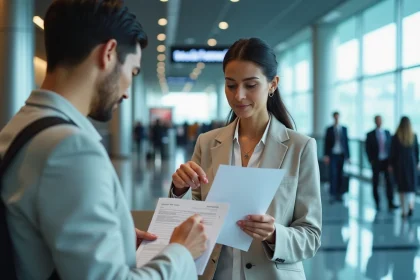 Femme consultant un contrat de location de voiture à un comptoir d'aéroport, cherchant à convertir les vitesses en miles par heure