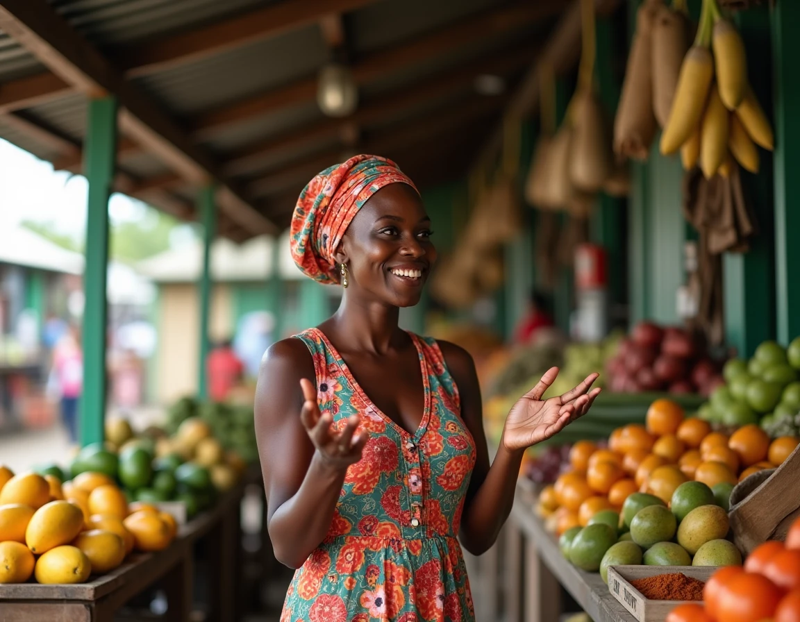 Femme antillaise expressive au marché créole animé, illustrant la richesse du langage populaire et des expressions culturelles caribéennes