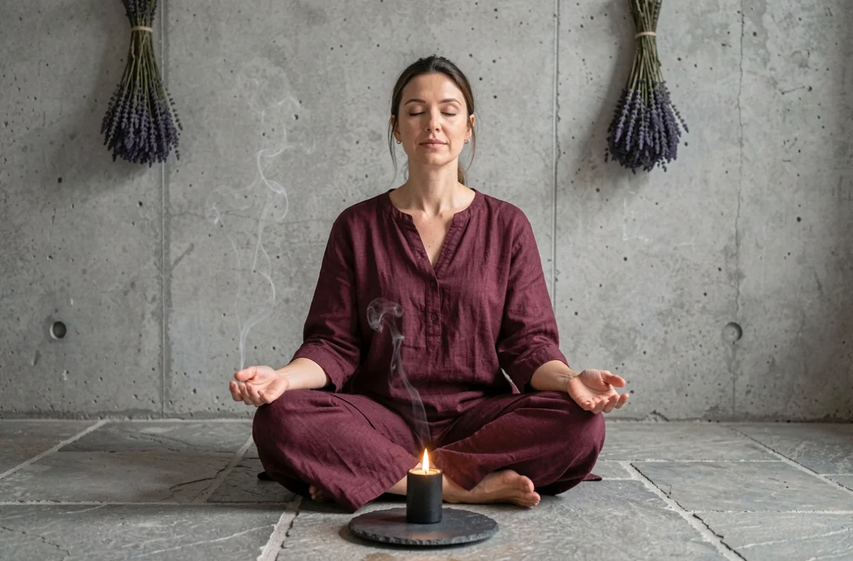 Femme en méditation devant une bougie noire allumée dans un espace minimaliste pour une pratique spirituelle de coupure de liens
