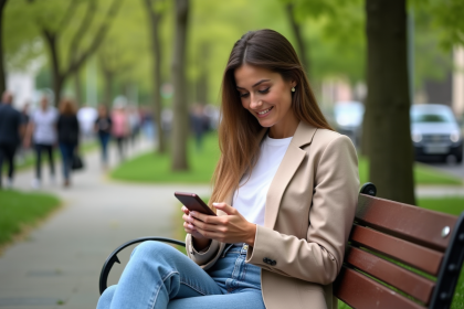 Femme élégante en blazer et jeans dans un parc urbain