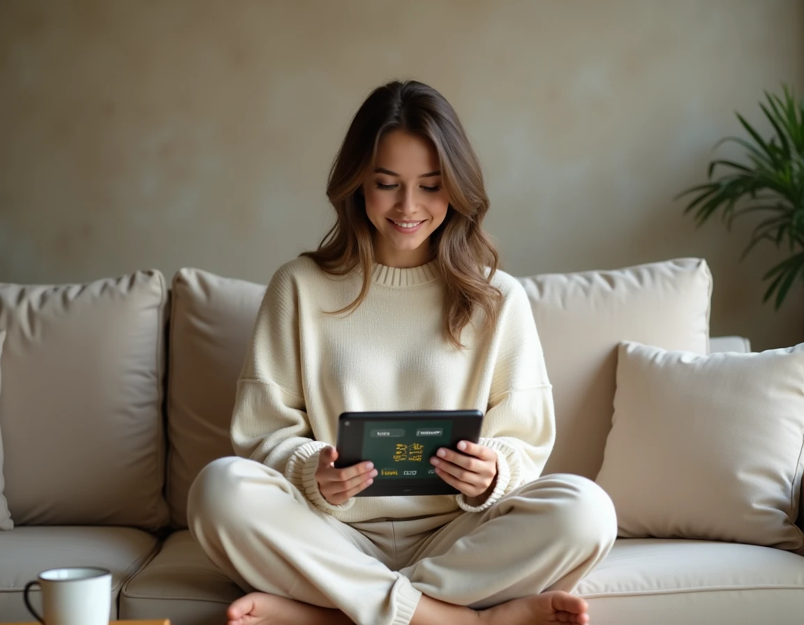 Jeune femme jouant à Monopoly GO sur tablette depuis son salon, collectant des liens de dés gratuits