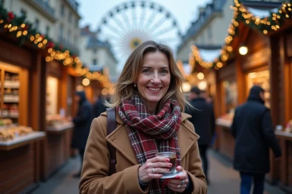 Femme souriante avec chocolat au marché de Noël à Lyon