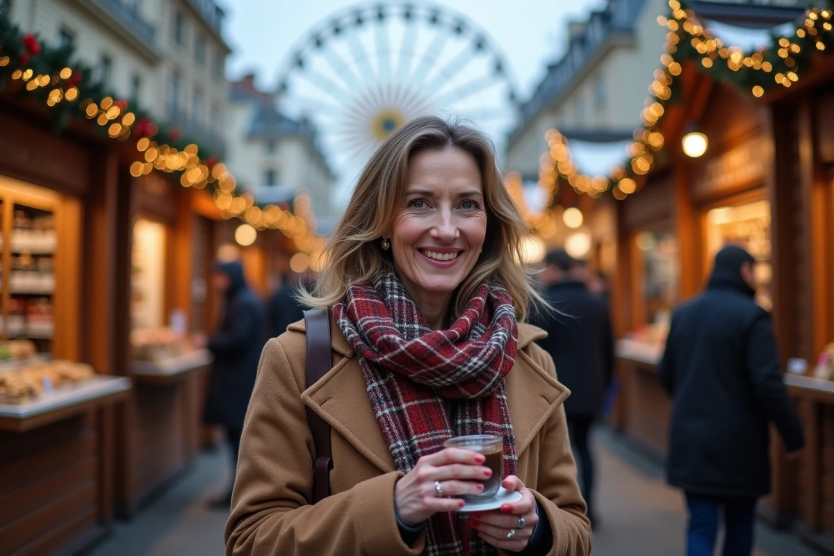 Femme souriante avec chocolat au marché de Noël à Lyon