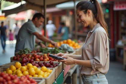 Jeune femme payant au marché en plein air