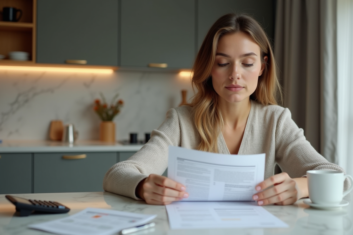 Femme analysant documents de prêt immobilier à la maison