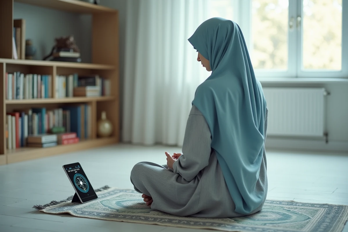 Femme voilée consultant la boussole qibla et le compte à rebours de la prière sur tablette à Marseille