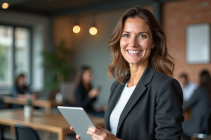 Femme confiante en coworking avec tablette numérique