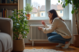 Jeune femme ajustant un radiateur électrique dans un salon chaleureux