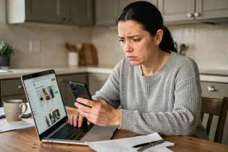 Femme frustrée cherchant le numéro gratuit du service client AliExpress sur son smartphone à la maison