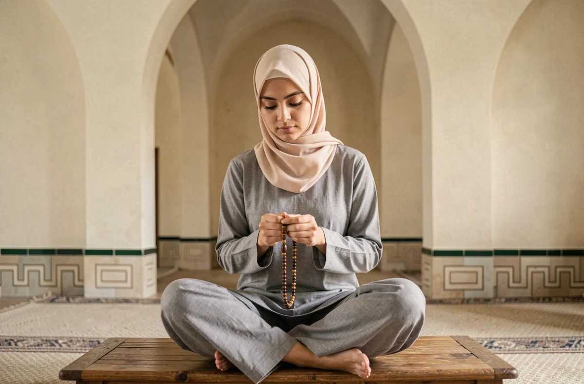 Jeune femme musulmane en hijab beige tenant un chapelet dans une mosquée de Bordeaux lors d'un moment de recueillement